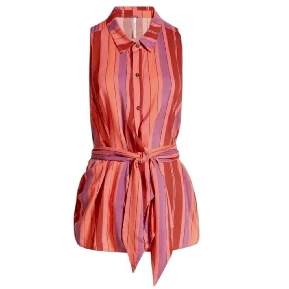 Free People Makenzie Wrap Pink Purple Red Striped Sleeveless Button Down Blouse